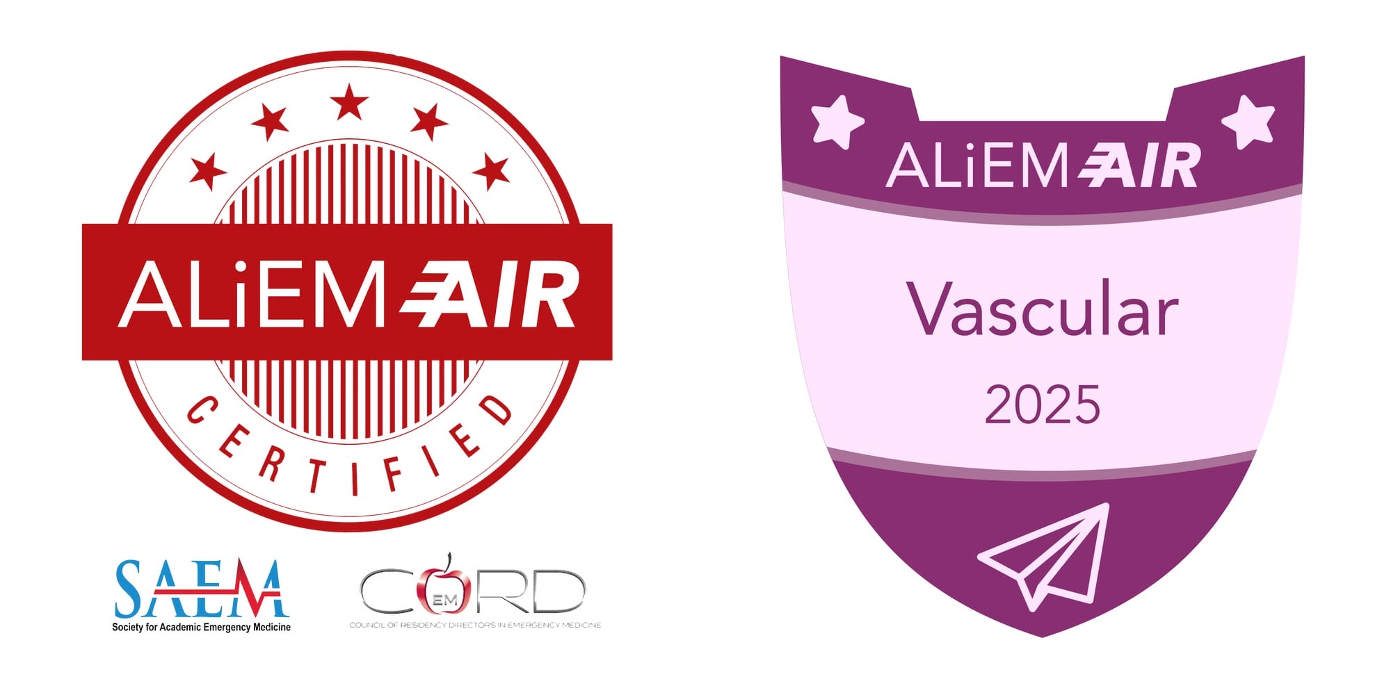 ALiEM AIR Certified seal and Vascular 2025 module shield badge
