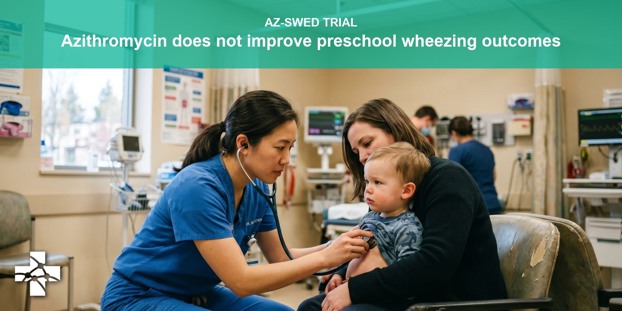 Pediatric emergency clinician listening to a wheezing toddler's chest with a stethoscope while the child sits on a parent's lap