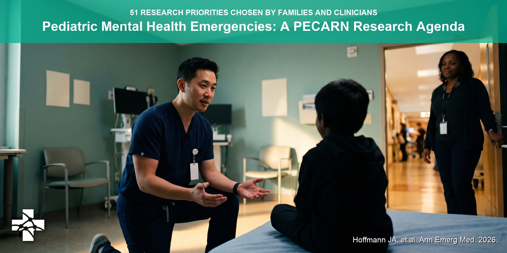Adolescent sitting on an emergency department bed seen from behind, with a caregiver and clinician nearby in a calm, dimly lit room