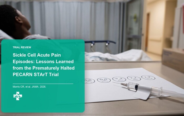 A faces pain-assessment sheet and a prepared syringe on an overbed tray table, with an adolescent patient resting on the stretcher behind, in a pediatric emergency department