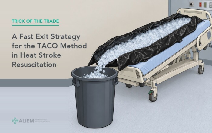 TACO heat stroke cooling exit: tilted hospital bed draining ice from a body bag into a trash bin