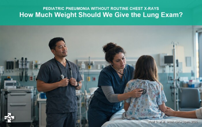 Two diverse clinicians take turns listening to a child's lungs from behind while a caregiver's hand rests on the child's arm