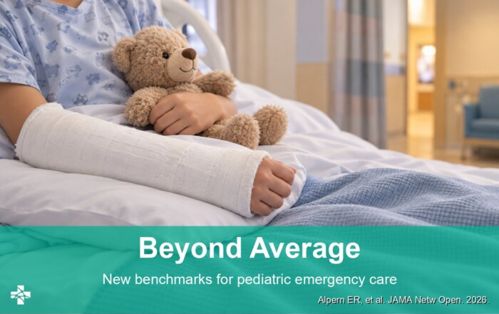 Child's forearm in a white cast resting on a pillow in a hospital bed, with the other hand holding a teddy bear, under the title Beyond Average: New benchmarks for pediatric emergency care